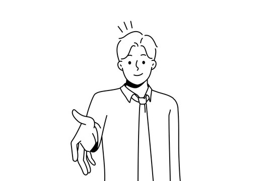 Smiling young businessman stretch hand for handshake with business client or partner. Male employee handshake customer. Greeting or acquaintance. Vector illustration. 