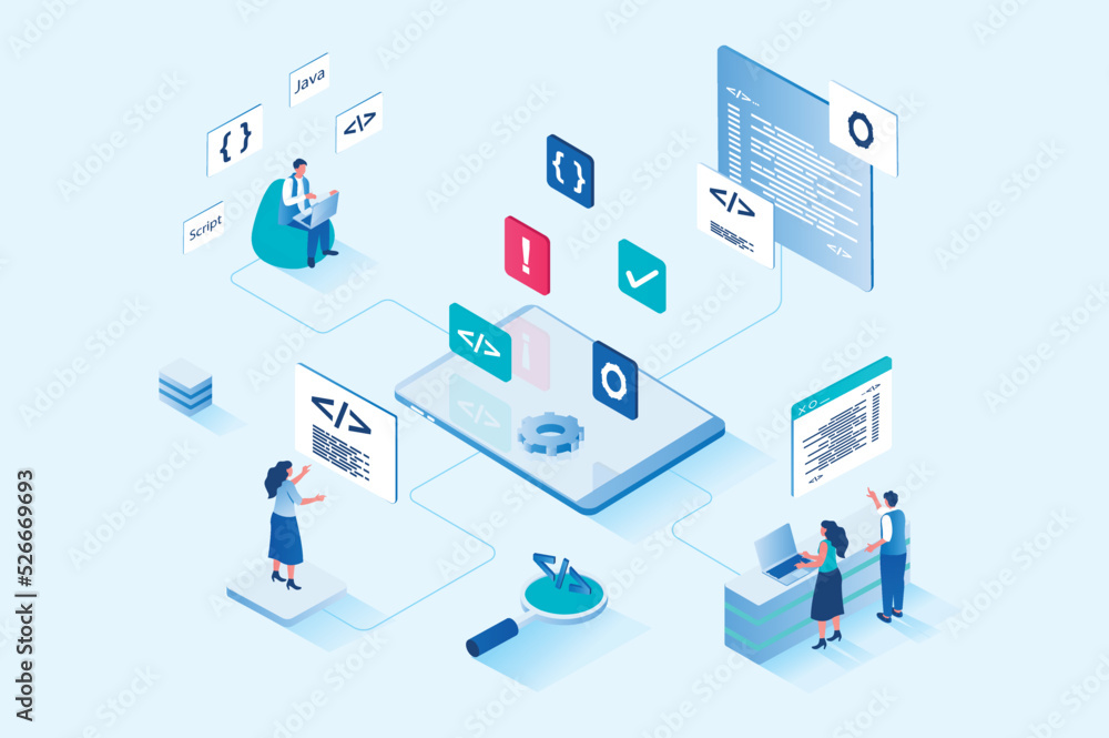 Aufkleber Web development 3d isometric design. People designers create and optimize code, programming at java script, settings pages, build site layouts and places navigation buttons. Vector web illustration