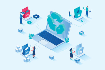 Waste management 3d isometric web design. People collect and sort garbage into bins for plastic, paper, glass, organic and other waste, recycle and reuse, protect environment. Vector web illustration