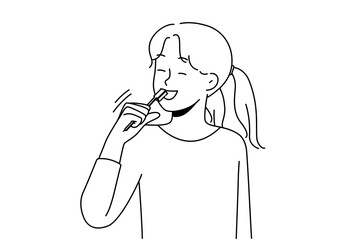 Smiling girl brushing teeth take care of oral hygiene. Happy child morning daily routine clean tooth. Healthcare and childcare. Vector illustration. 