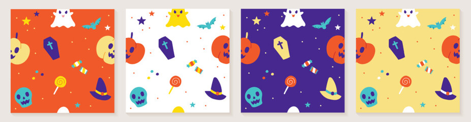 Cute Happy Halloween cartoon seamless pattern vector violet background ghost, skull, pumpkin, jack o lantern, bat, black cat, spider web, candlestick, lollipop candy, coffin, witch hat, boo, moon set