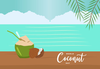 World coconut day background banner poster with coconut on beach on September 2.