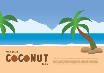 World coconut day background banner poster with coconut tree on beach on September 2.