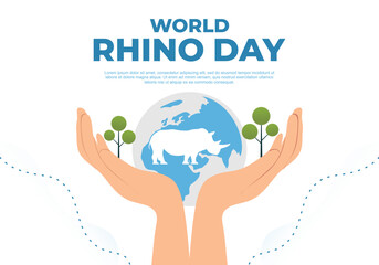 World rhino day background banner poster with earth globe and rhino on opened hand on september 22.