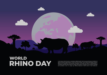 World rhino day background banner poster with rhino in forest at night on september 22.