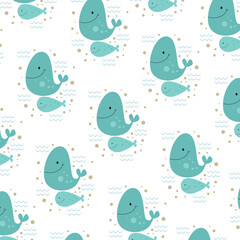 Cute mother and baby whale on white background