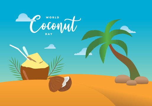World coconut day background banner poster with coconut and tree on beach on September 2.