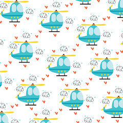 Cute pattern for boy with kids cartoon helicopter. nursery wallpaper with blue helicopter and clouds