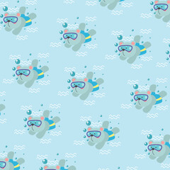 Pattern of a swimming bear wearing glasses in the sea on a wave background