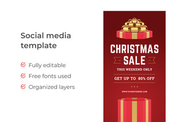 Seasonal Christmas sale open red gift box social media stories template realistic 3d icon vector