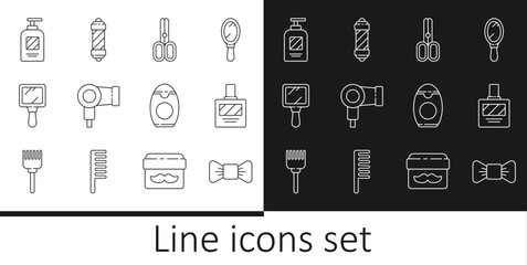 Set line Bow tie, Aftershave, Scissors hairdresser, Hair dryer, Hand mirror, Bottle of shampoo, and Classic Barber shop pole icon. Vector