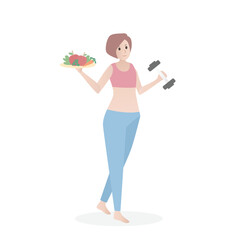 Exercise and Diet,Women Slim shape body,Lift dumbbells and hold healthy food such as fruits and vegetables,Vector illustration.