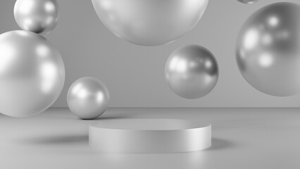 empty silver podium display for presentation, clean platform for product showcase, 3D Rendering