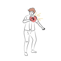 Heart attack danger warning sign Male patient feeling chest pain, body leaning against the wall,check heart disease risk vector illustration.