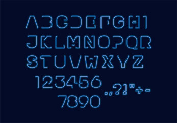 Fototapeta na wymiar Vector neon alphabet, glowing neon script, blue colorful bright