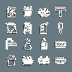 Set line Brush for cleaning, Bar of soap, Adhesive roller, Washing dishes, Wet floor and progress, Trash can garbage bag, Bottles agent and icon. Vector