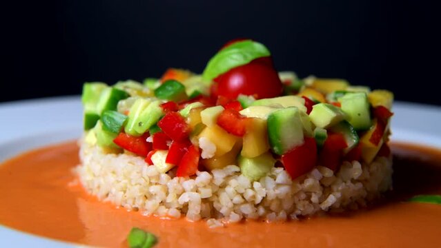 Vegan salad recipe based on bulgur with small vegetables, avocado, tomato, cucumber, pepper, nectarine fruit, tomato basil sauce and olive oil and lemon