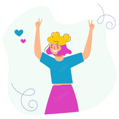 Happy woman is having fun. The girl is dancing, celebrating a holiday, a victory. Cartoon flat style isolated on white. Happy youth day. The concept of joy, fun, goal achievement, success. Vector