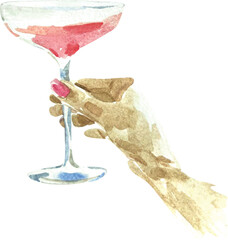 Watercolor illustration of a hand holding a glass of sparkling champagne to celebrate a wedding, anniversary, New Year, Valentine's day, party, event, menu. Drawing of rose, red, white wine, testing.