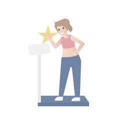 Young women weight Loss Success,Her happy about weight and shape body is change,Excited and proud on the scales,Vector illustration.