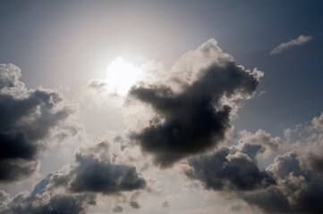 Sun closed by dramatic clouds. Environment, climate change.