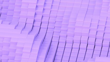 Naklejka premium Abstract background with waves made of a lot of purple cubes geometry primitive forms that goes up and down under black-white lighting. 3D illustration. 3D CG. High resolution.