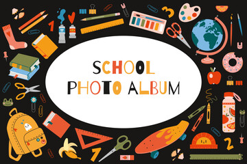 Cover for a school photo album with cute school stationery and art supplies, cartoon style. Frame for class photo. Back to school. Trendy modern vector illustration, hand drawn, flat - obrazy, fototapety, plakaty