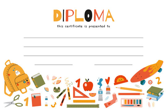 School diploma certificate for children and students with stationery and art supplies, cartoon style. Background with place for text. Trendy modern vector illustration, hand drawn, flat