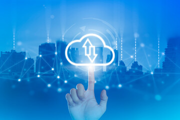 Businessman hand touching to virtual screen with cloud computing and technology icons. cloud computing storage technology service concept.