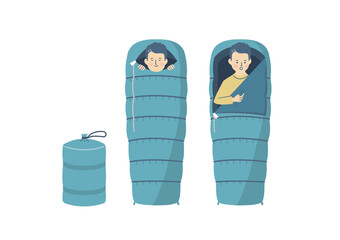 寝袋に入る男性