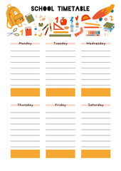 Cute school timetable for 6 days. Template with school stationery and art supplies, cartoon style. Printable A4 paper for bullet journal page. Trendy vector illustration, hand drawn, flat.