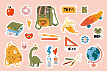 Set of  stickers for planner and diaries, vector flat illustration. Cute sticker pack with school stationery and art supplies, cartoon image and trendy lettering. Decorations for notebook, flat - obrazy, fototapety, plakaty