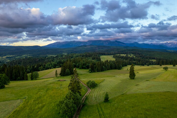 Fototapeta na wymiar Countryside landscape in Podhale region in Tatras Mountains in Poland. Drone view.