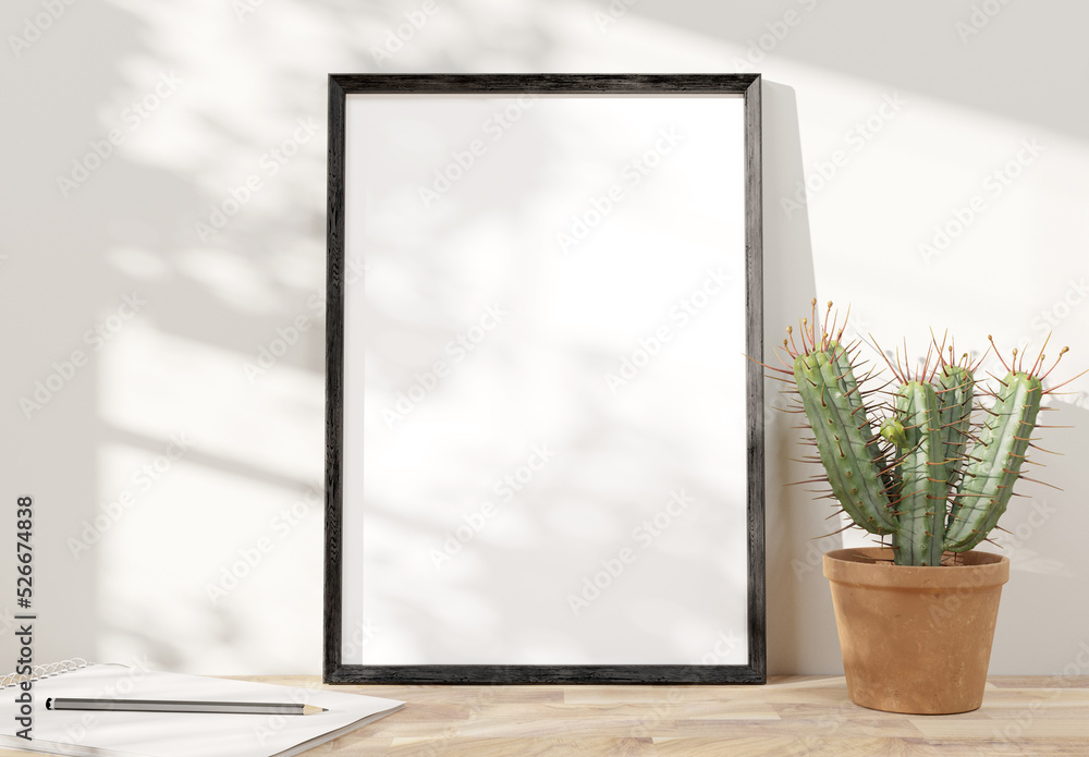 Poster black frame leaning on white shelve in bright interior with plants mockup 3d rendering
