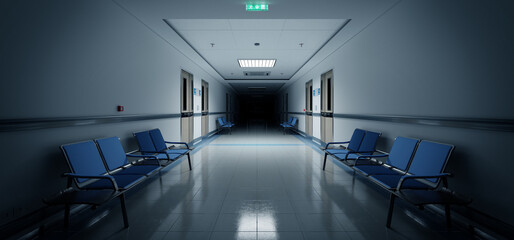 Long dark hospital corridor with rooms and seats 3D rendering. Empty accident and emergency interior with bright lights lighting the hall from the ceiling