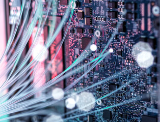 Fiber optic cables against computer mother board