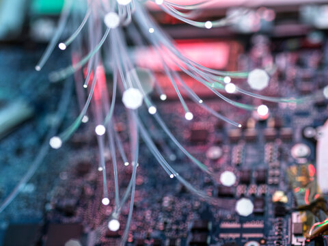 Fiber optic cables against computer mother board