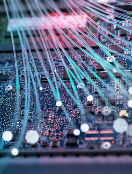 Fiber optic cables against computer mother board
