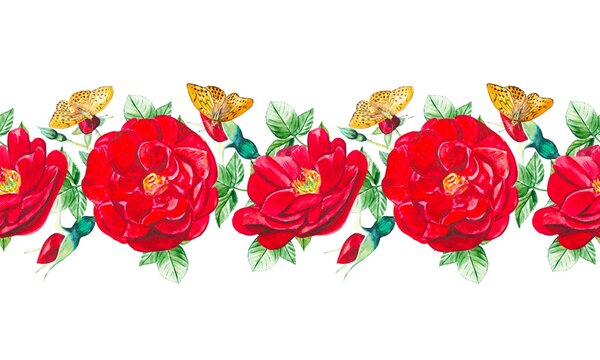 Seamless border of red rose buds and orange butterflies. Hand drawn watercolor illustration