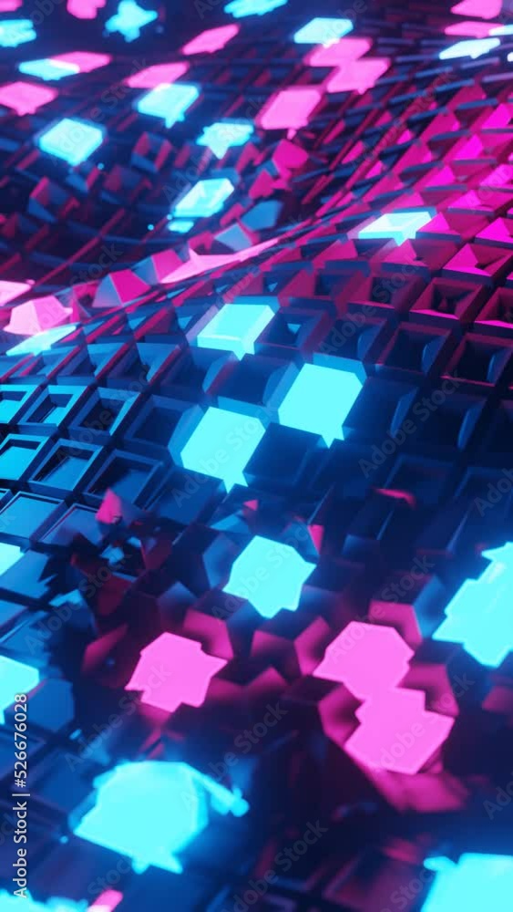 Poster Vertical 3D rendered loop video with moving cubes waves in neon glowing light background. Abstract blue and pink technologic looped tunnel. Hyperrealistic dimensional geometrical patterned visual