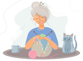 Grandma knits. Knitting clothes, An elderly woman sits at the table and knits warm clothes for the winter. Cozy home interior with cute lady, cat and coffee cup, cartoon flat style vector.