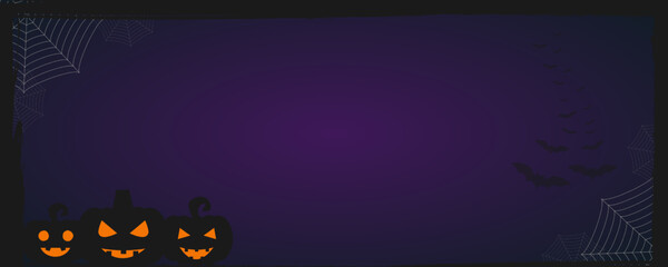 Halloween background with pumpkins and bats Happy Halloween banner design template with pumpkins, and emojis. Abstract purple background and flying bats.
