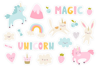 Unicorn animals stickers set. Cute unicorns and sweets collection. Girly sticker pack.