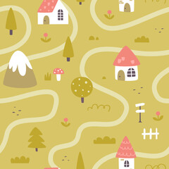 Cute medieval village pattern. Rural map seamless vector print for kids textile and fabric.