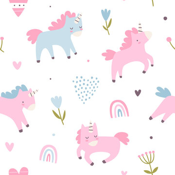 Cute baby girl pattern with unicorns. Girly vector seamless print for textile and nursery.