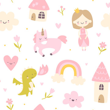 Cute girly fairytale pink pattern. Cartoon seamless vector print for girls textile and nursery.