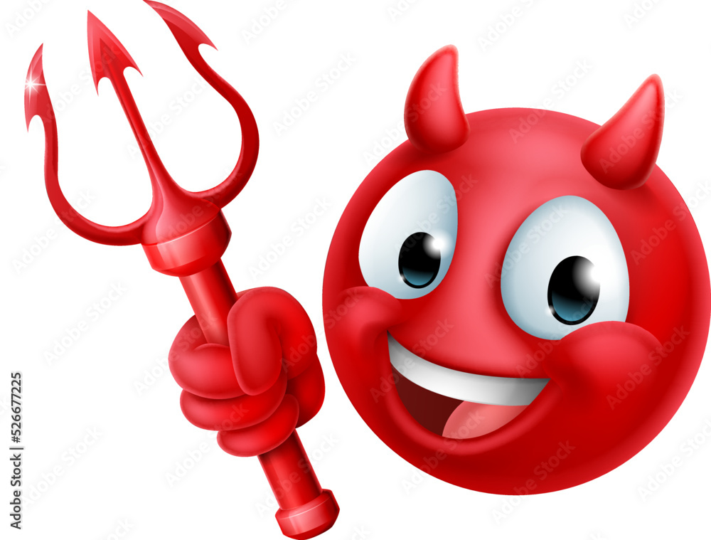 Canvas Prints a red devil or satan emoji emoticon man face holding a trident, pitchfork or pitch fork cartoon icon