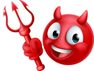 A red devil or satan emoji emoticon man face holding a trident, pitchfork or pitch fork cartoon icon mascot. - obrazy, fototapety, plakaty