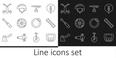 Set line Bicycle speedometer, suspension, handlebar, wheel, Screwdriver, for kids, brake disc and helmet icon. Vector © vector_v