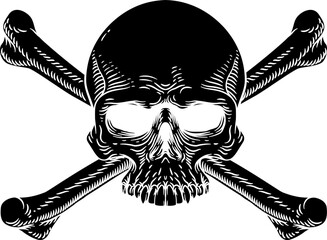 Skull and crossbones or cross bones. An original illustration in an old vintage woodcut etching engraving style